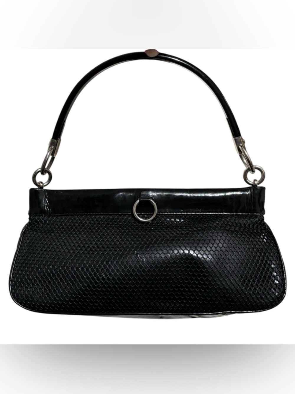 Sergio Rossi 90s Vintage Hobo Baguette Purse Black Mesh Silver O-Ring Detail
